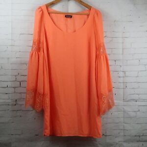 BEBE ORANGE SCOOP NECK LONG LACE DETAIL WIDE SLEEVE MIDI WEDDING GUEST DRESS